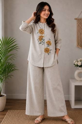  grey floral embroidered linen co-ord set