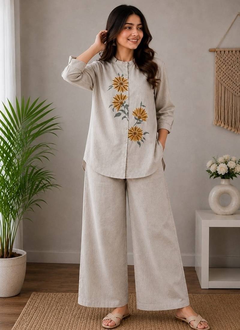  grey floral embroidered linen co-ord set