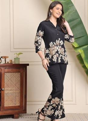  black floral printed crepe flared co-ord set 3