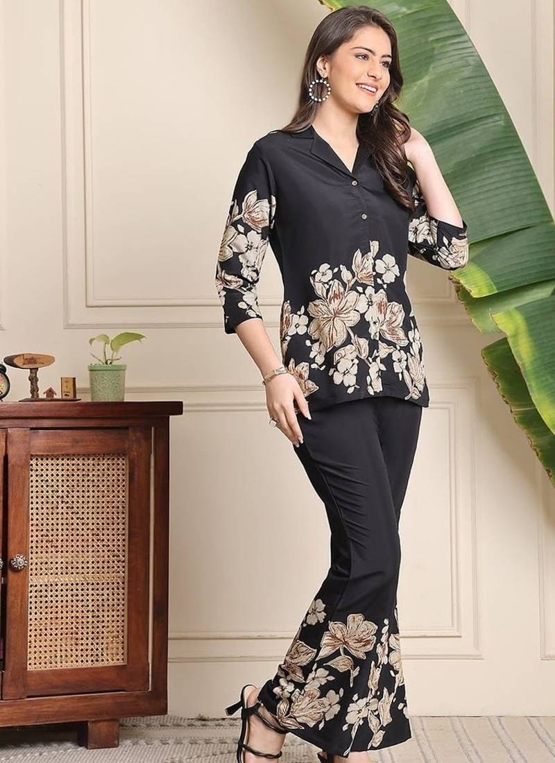  black floral printed crepe flared co-ord set