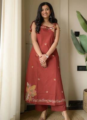  maroon applique embroidered cotton straight kurta set 1