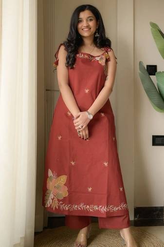  maroon applique embroidered cotton straight kurta set
