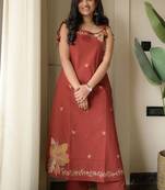  maroon applique embroidered cotton straight kurta set