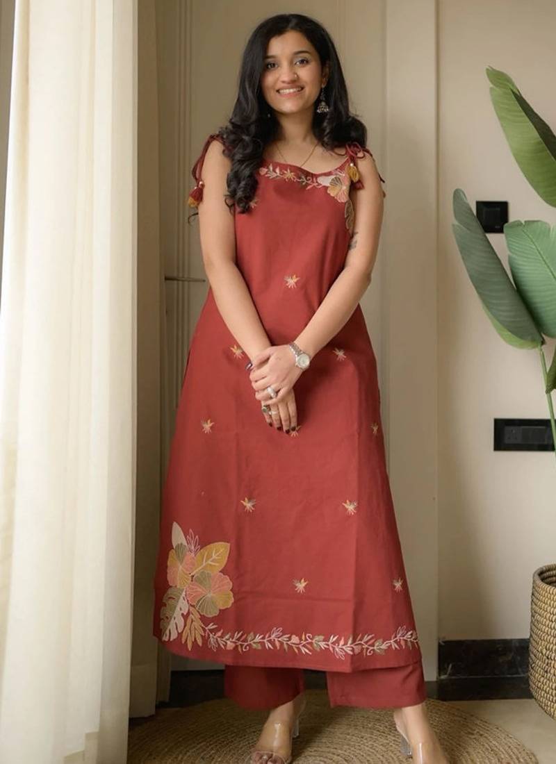  maroon applique embroidered cotton straight kurta set