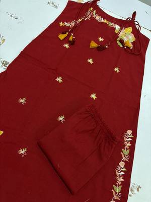  maroon applique embroidered cotton straight kurta set 5