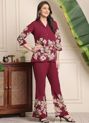 Beautiful maroon floral printed crepe flared co-ord set 1