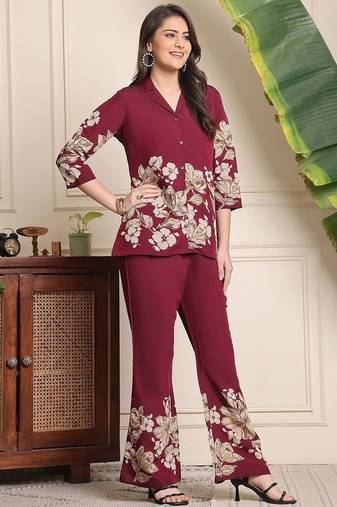 Beautiful maroon floral printed crepe flared co-ord set