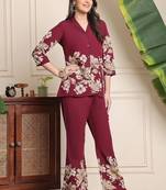 Beautiful maroon floral printed crepe flared co-ord set