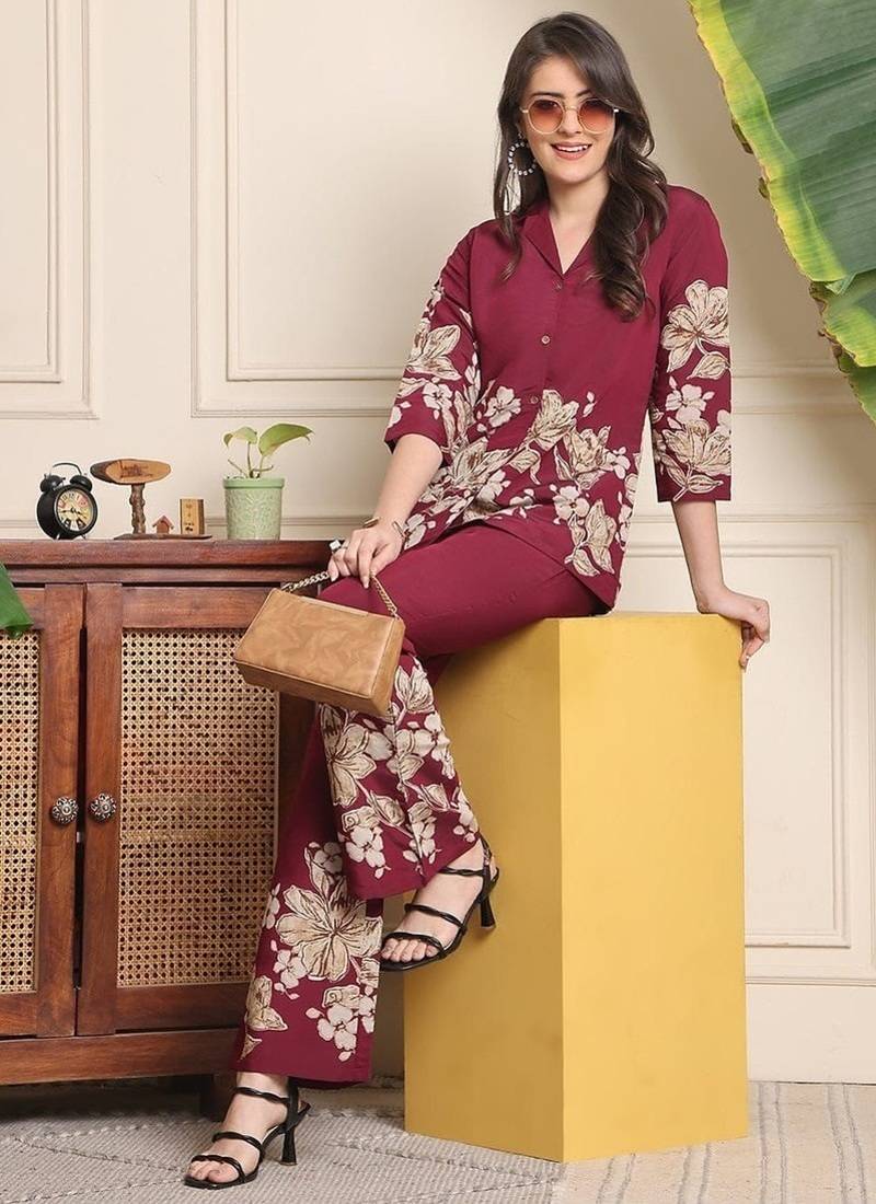 Beautiful maroon floral printed crepe flared co-ord set