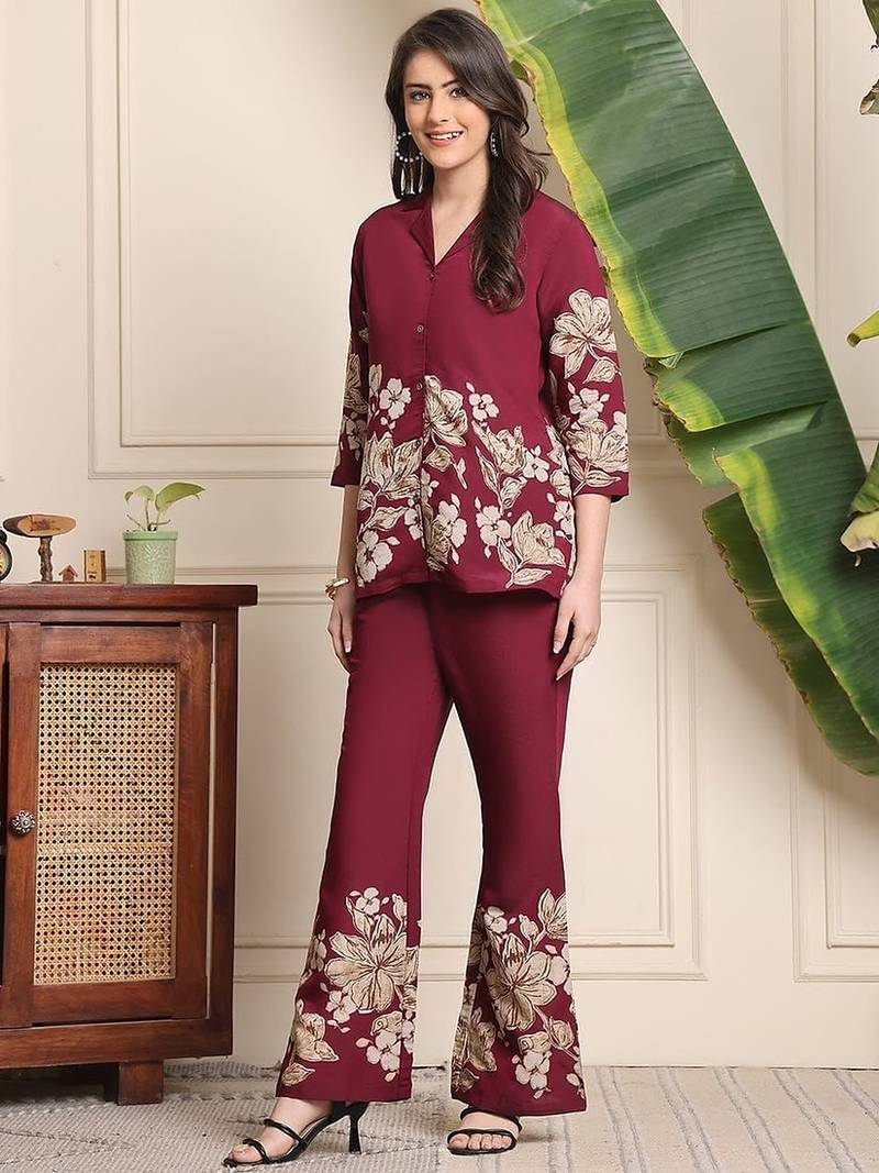 Beautiful maroon floral printed crepe flared co-ord set