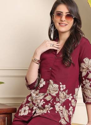Beautiful maroon floral printed crepe flared co-ord set 4