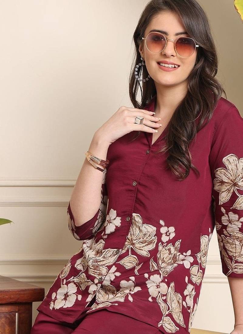 Beautiful maroon floral printed crepe flared co-ord set
