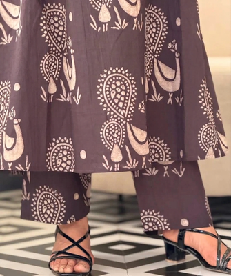  dark chocolate beige motif print pure cotton gathered a-line co-ord kurta set 5