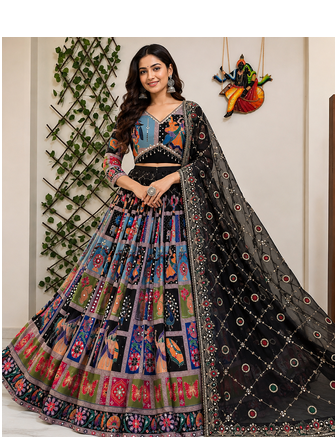 Black Muslin cotton digital print lehenga with dupatta mirror work navratri special chaniya choli 1