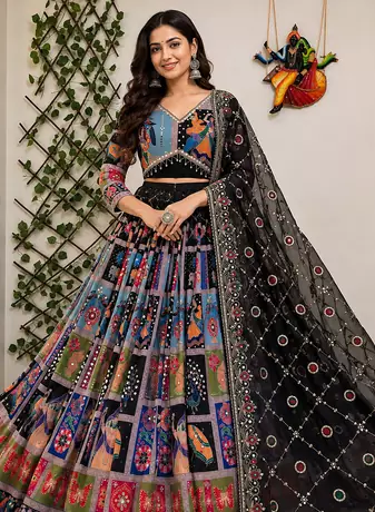 Black Muslin cotton digital print lehenga with dupatta mirror work navratri special chaniya choli