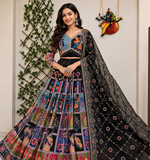 Black Muslin cotton digital print lehenga with dupatta mirror work navratri special chaniya choli
