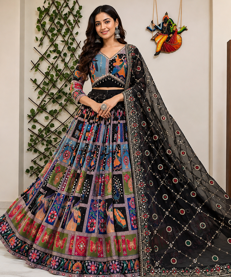 Black Muslin cotton digital print lehenga with dupatta mirror work navratri special chaniya choli