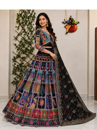 Black Muslin cotton digital print lehenga with dupatta mirror work navratri special chaniya choli 2