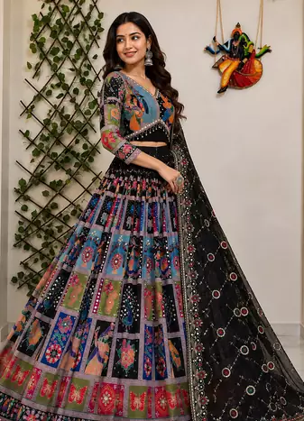 Black Muslin cotton digital print lehenga with dupatta mirror work navratri special chaniya choli