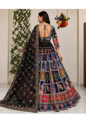 Black Muslin cotton digital print lehenga with dupatta mirror work navratri special chaniya choli 3