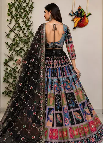 Black Muslin cotton digital print lehenga with dupatta mirror work navratri special chaniya choli