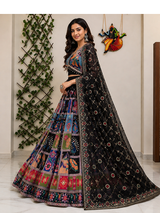 Black Muslin cotton digital print lehenga with dupatta mirror work navratri special chaniya choli 4