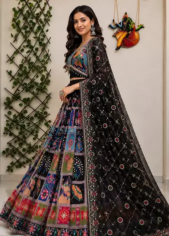 Black Muslin cotton digital print lehenga with dupatta mirror work navratri special chaniya choli