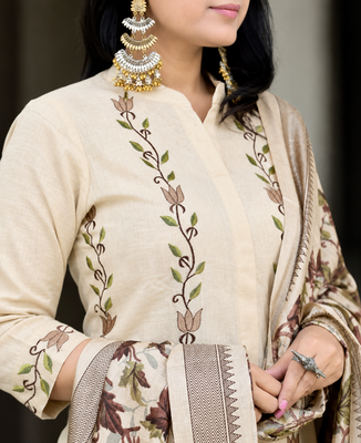  beige floral embroidered cotton straight kurta pant set 4