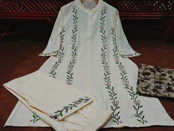  beige floral embroidered cotton straight kurta pant set 5