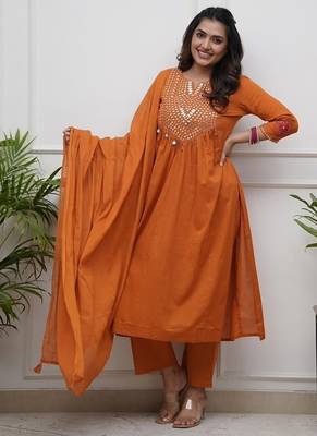  rust orange foil mirror work cotton flared suit set 1
