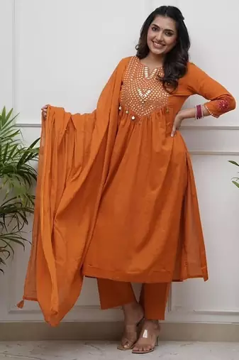  rust orange foil mirror work cotton flared suit set