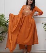  rust orange foil mirror work cotton flared suit set