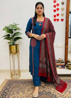  blue embroidered cotton straight suit set 1