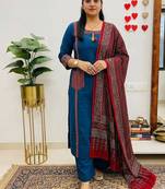  blue embroidered cotton straight suit set