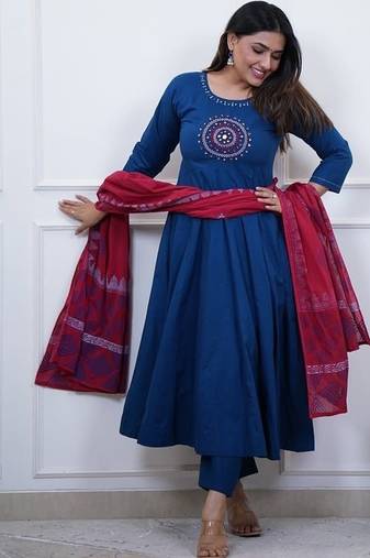 Beautiful blue embroidered cotton anarkali suit