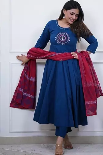 Beautiful blue embroidered cotton anarkali suit