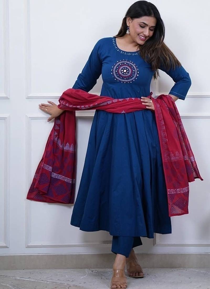 Beautiful blue embroidered cotton anarkali suit