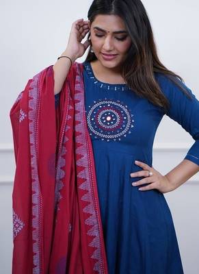 Beautiful blue embroidered cotton anarkali suit 2