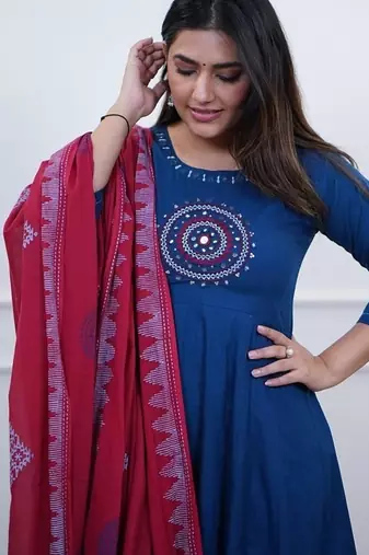 Beautiful blue embroidered cotton anarkali suit