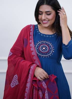 Beautiful blue embroidered cotton anarkali suit 3