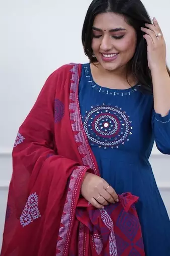 Beautiful blue embroidered cotton anarkali suit