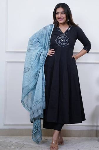  black embroidered cotton anarkali suit