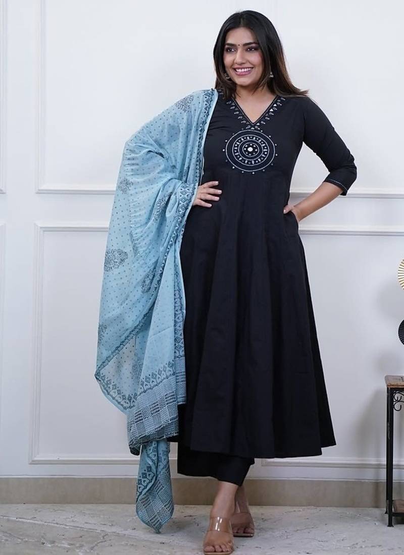  black embroidered cotton anarkali suit