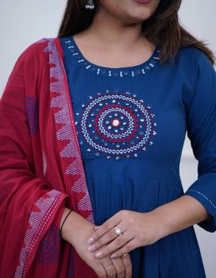 Beautiful blue embroidered cotton anarkali suit 4