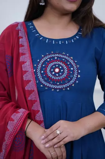 Beautiful blue embroidered cotton anarkali suit