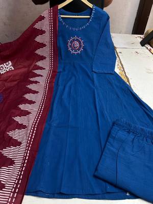 Beautiful blue embroidered cotton anarkali suit 5