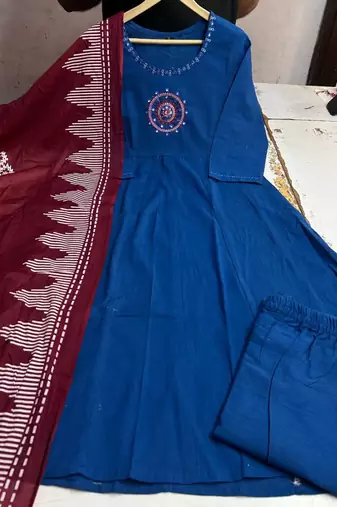 Beautiful blue embroidered cotton anarkali suit