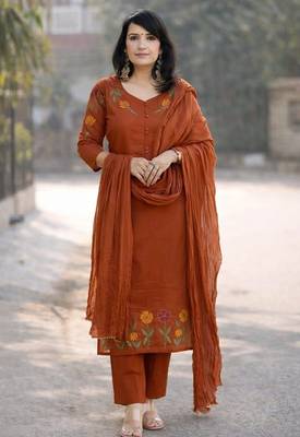 Beautiful rust brown floral embroidered cotton straight suit set 1