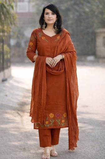 Beautiful rust brown floral embroidered cotton straight suit set