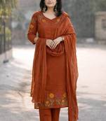 Beautiful rust brown floral embroidered cotton straight suit set